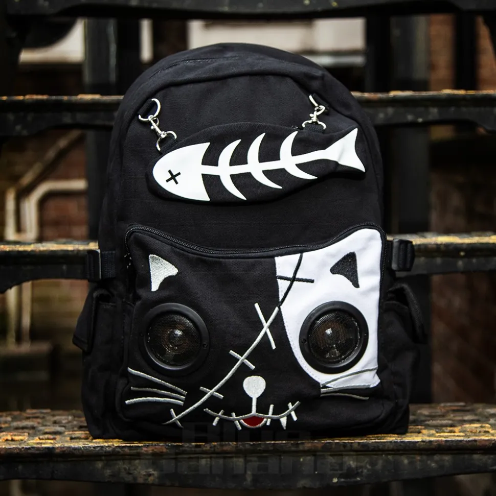 Banned Cat Fish Bone Backpack With Speakers (Black/White)