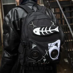 Banned Cat Fish Bone Backpack With Speakers (Black/White)