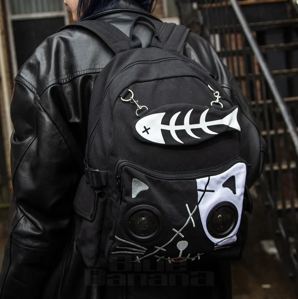 Banned Cat Fish Bone Backpack With Speakers (Black/White)