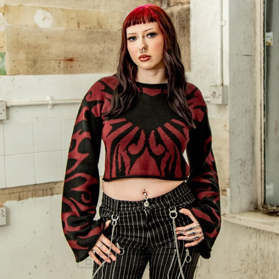 Banned Toxic Love Cropped Jumper (Black/Burgundy)