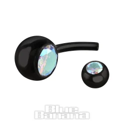 Blue Banana Black Titanium 1.6mm Internally Threaded Double Jewelled Navel Bar (Aurora Borealis)
