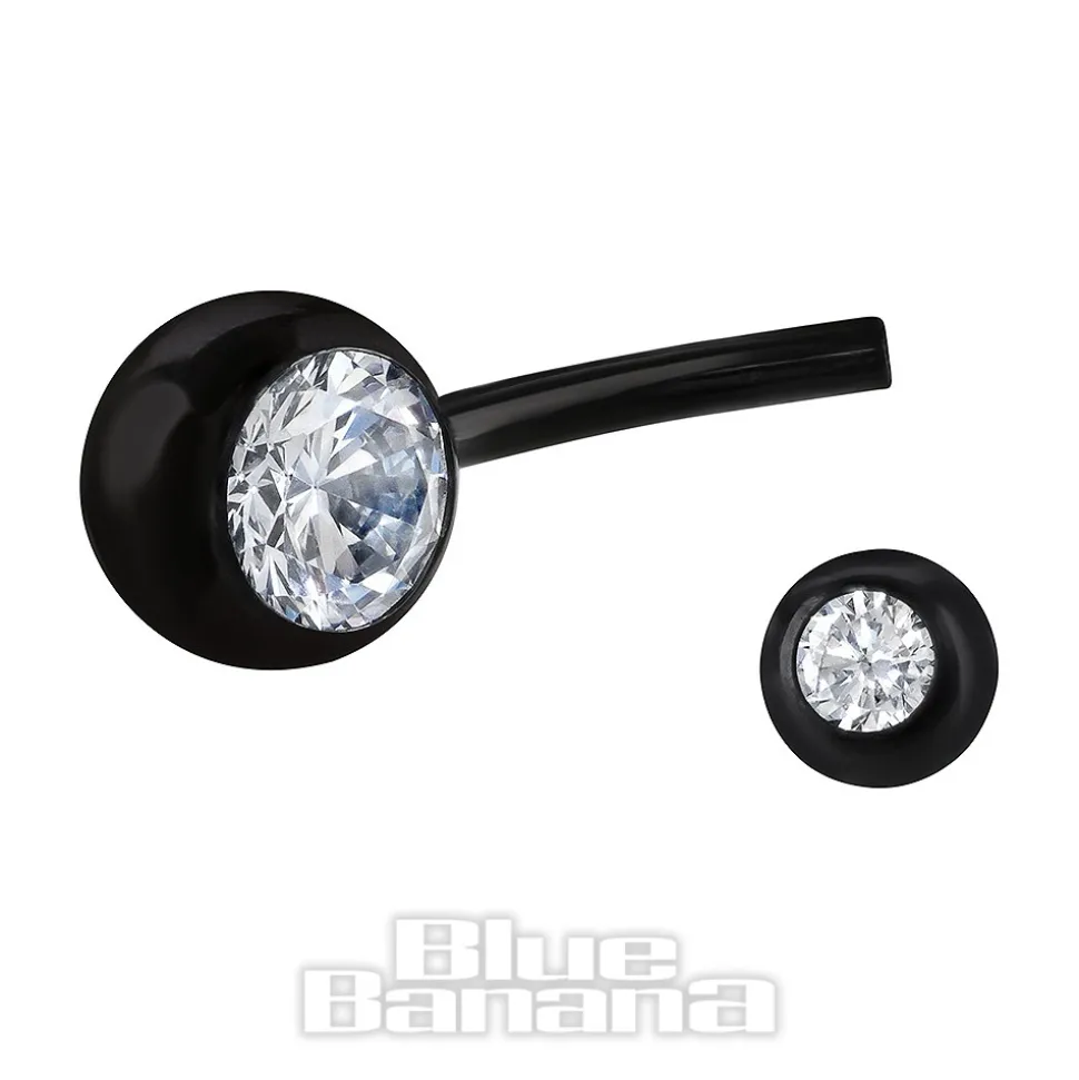 Blue Banana Black Titanium 1.6mm Internally Threaded Double Jewelled Navel Bar (Crystal)