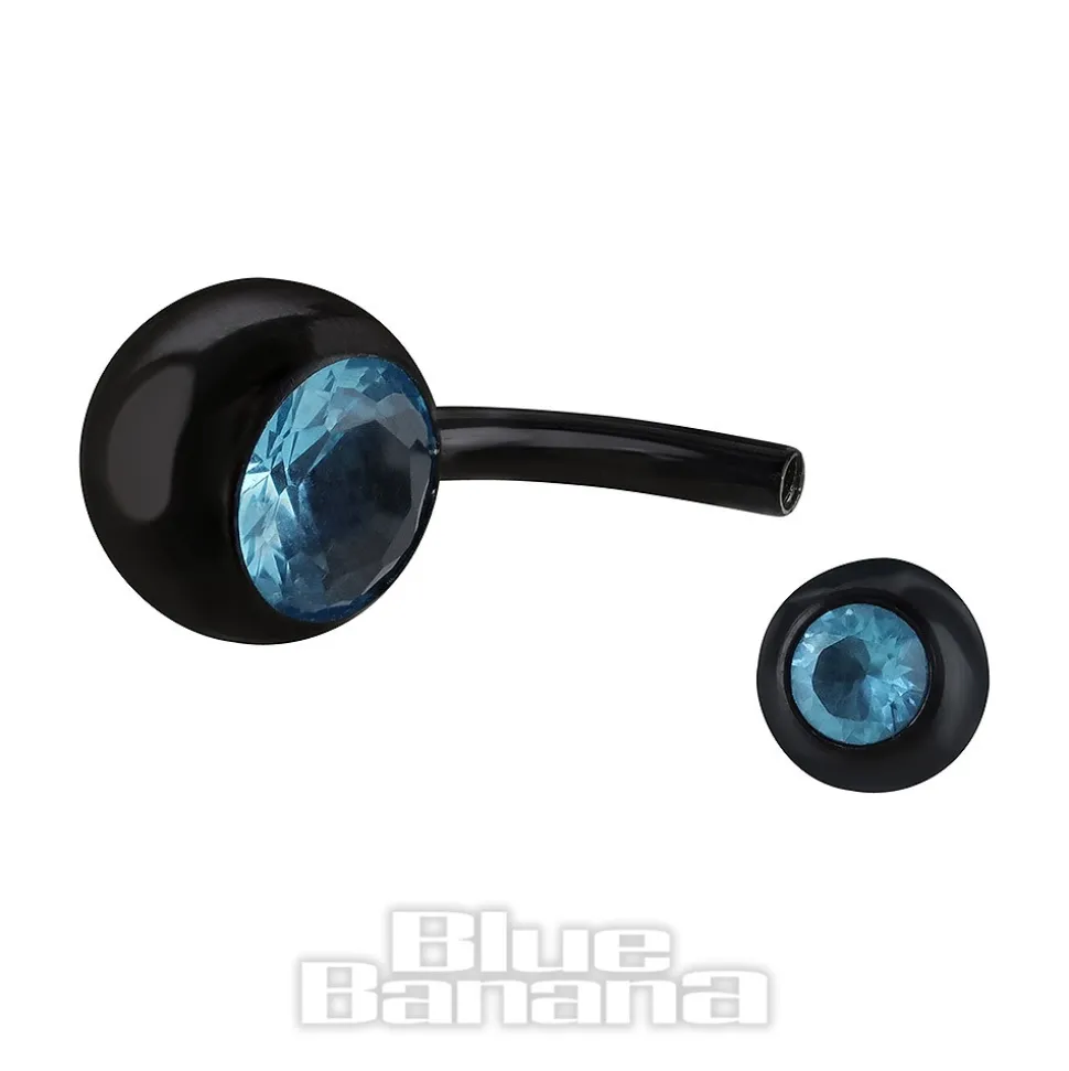 Blue Banana Black Titanium 1.6mm Internally Threaded Double Jewelled Navel Bar (Aqua)