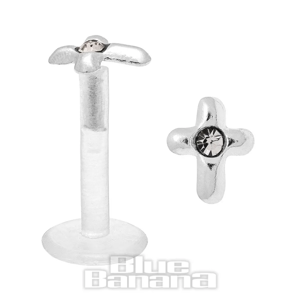 Blue Banana Cross Bioflex 1.2mm Tragus Stud (Clear/Silver)