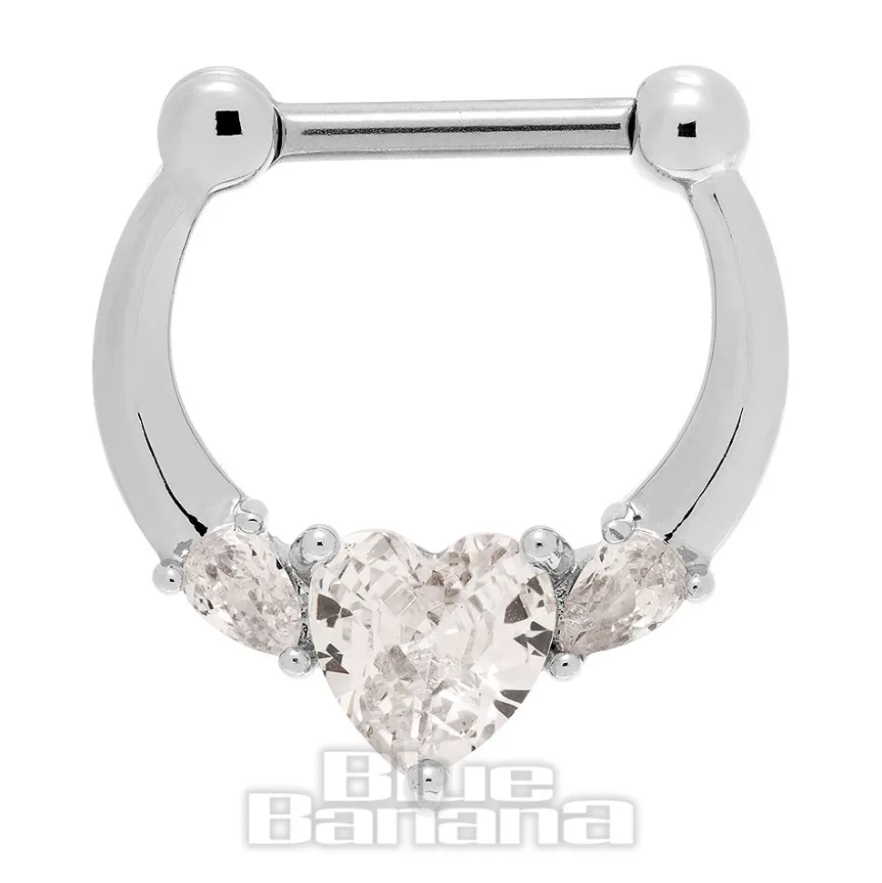 Blue Banana Crystal Heart Surgical Steel Hinged Segment Ring (Silver)
