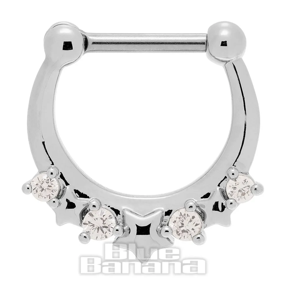 Blue Banana Crystal Star Surgical Steel Hinged Segment Ring (Silver)