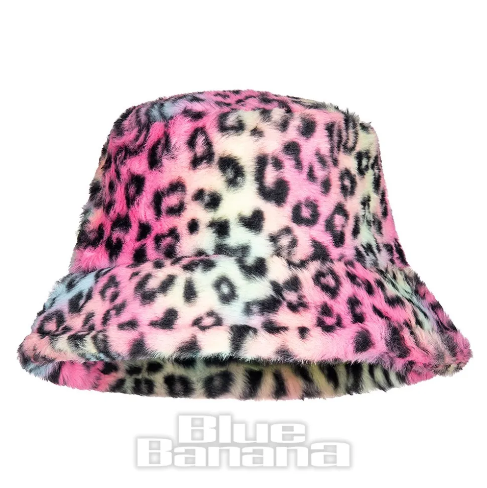 Blue Banana Fluffy Leopard Bucket Hat (Rainbow)