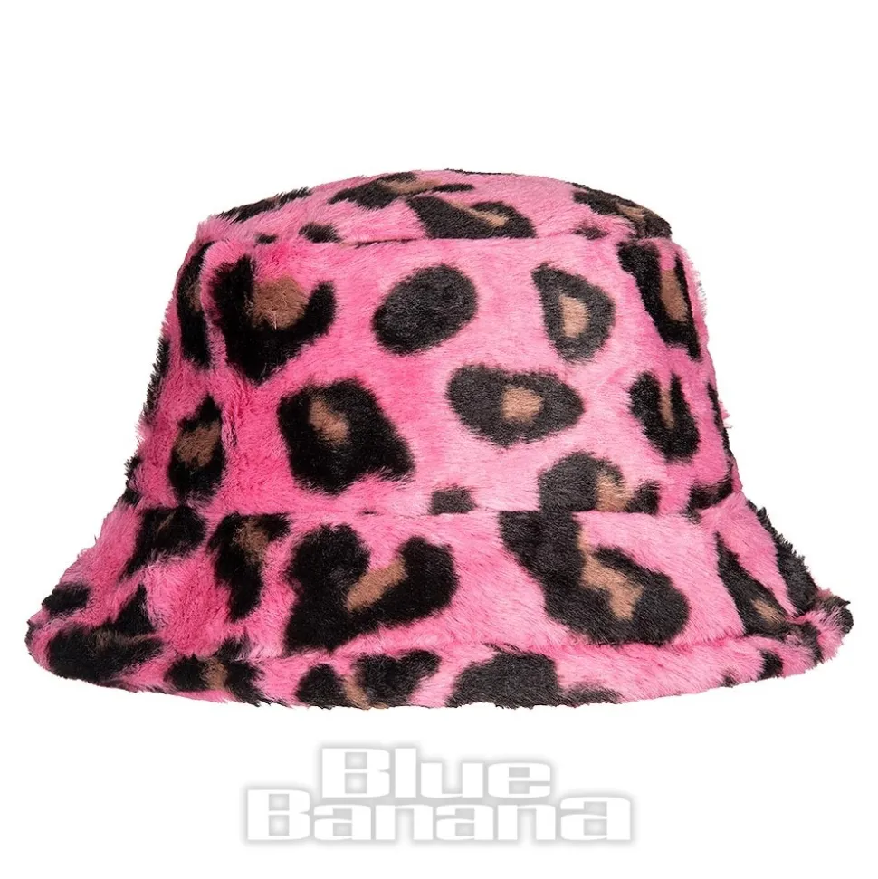 Blue Banana Fluffy Leopard Bucket Hat (Pink)