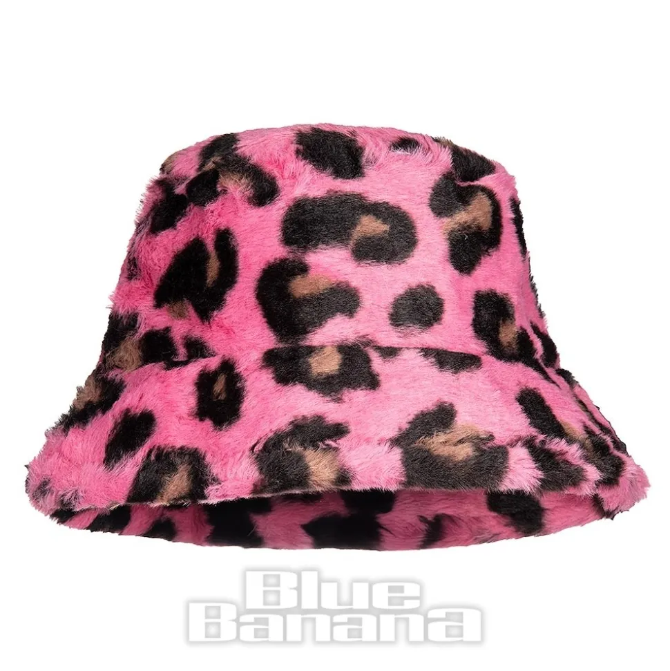 Blue Banana Fluffy Leopard Bucket Hat (Pink)