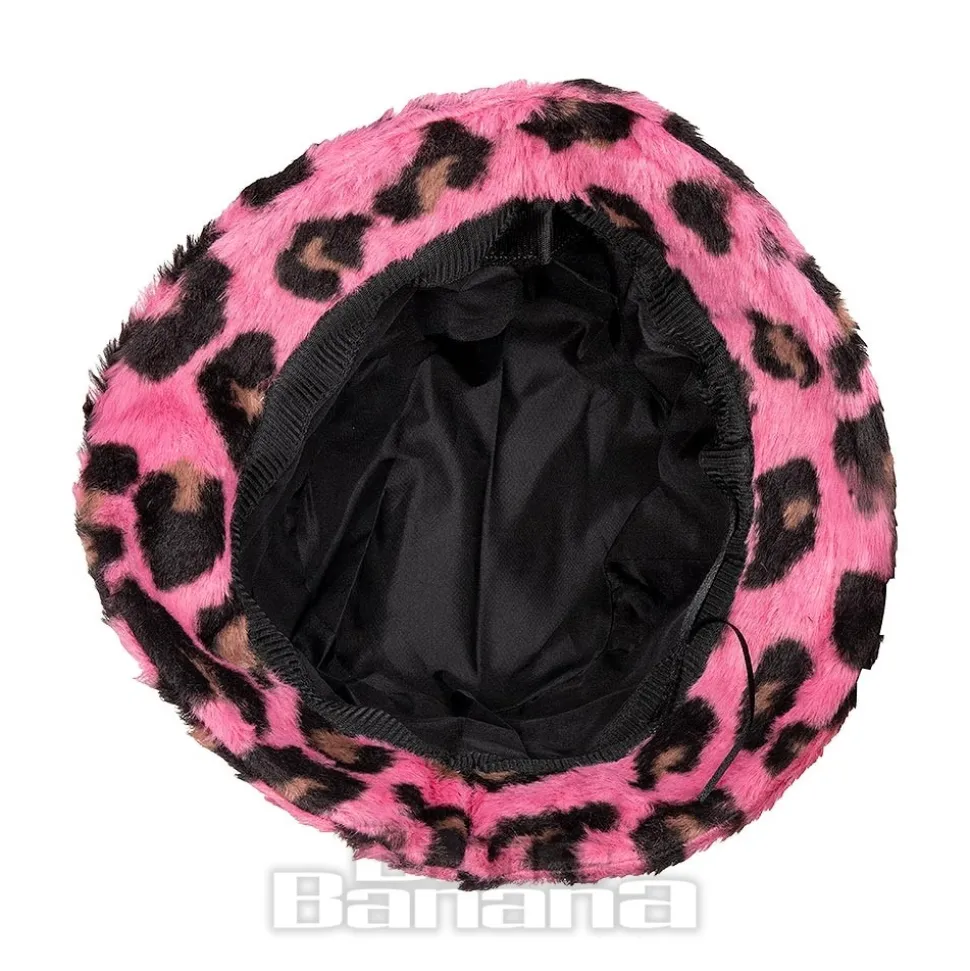Blue Banana Fluffy Leopard Bucket Hat (Pink)