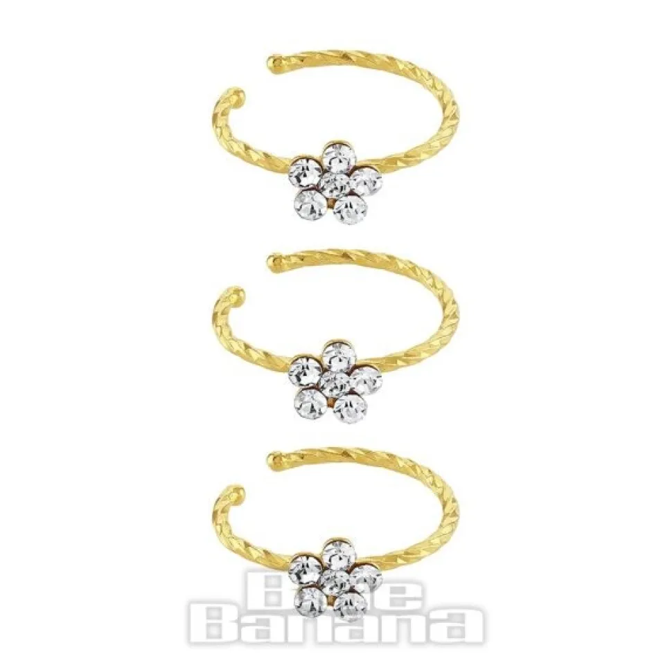 Blue Banana Gold Crystal Flower Nose Rings (3 Pack)