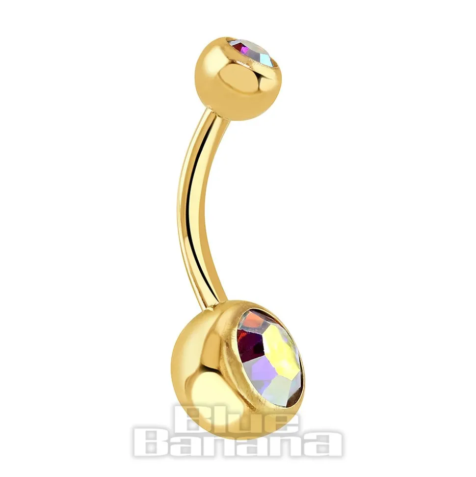 Blue Banana Plasma Gold 1.6mm Double Jewelled Navel Bar (Aurora Borealis)