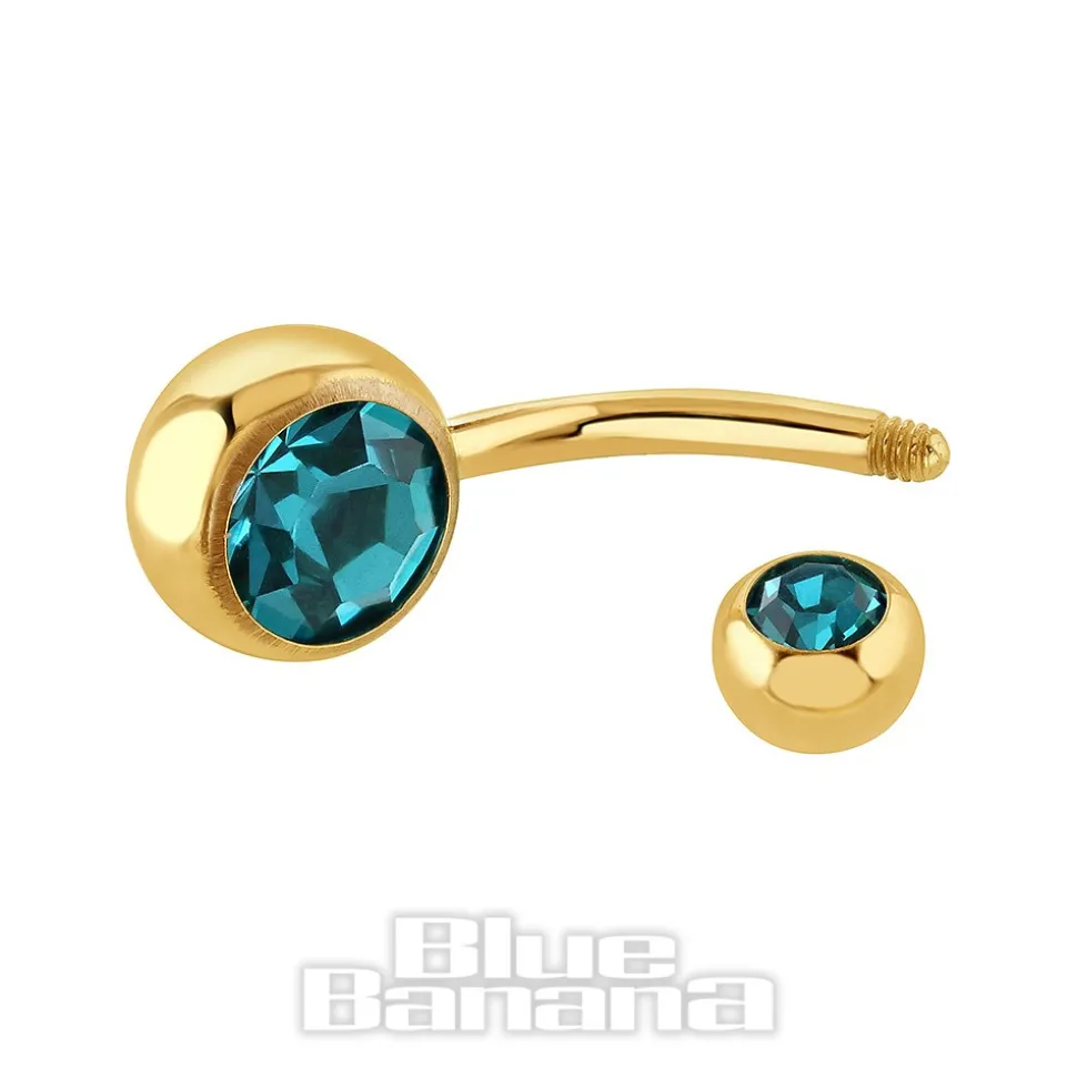 Blue Banana Plasma Gold 1.6mm Double Jewelled Navel Bar (Zircon)
