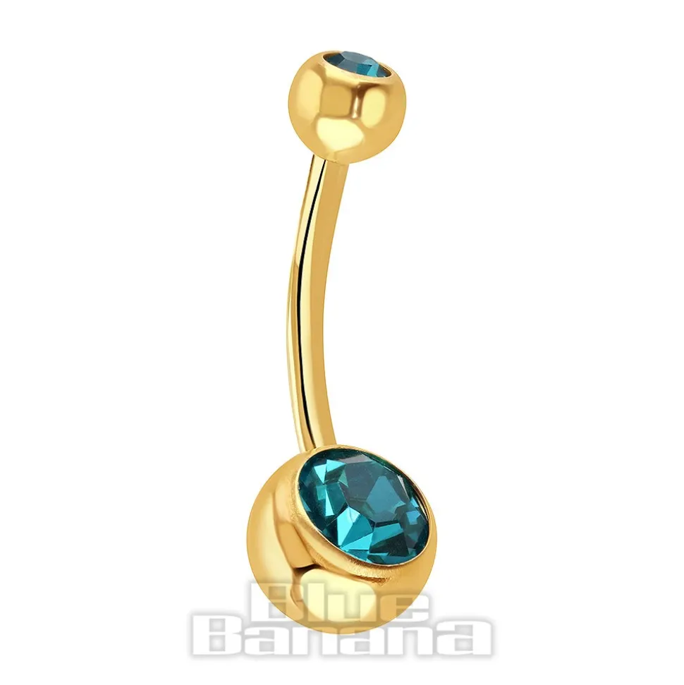 Blue Banana Plasma Gold 1.6mm Internally Threaded Double Jewelled Navel Bar (Zircon)