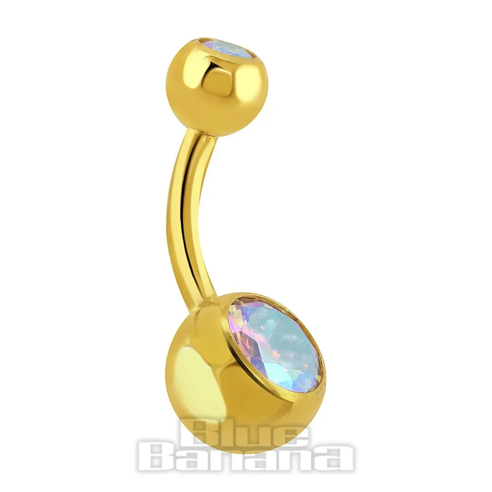 Blue Banana Plasma Gold 1.6mm Internally Threaded Double Jewelled Navel Bar (Aurora Borealis)