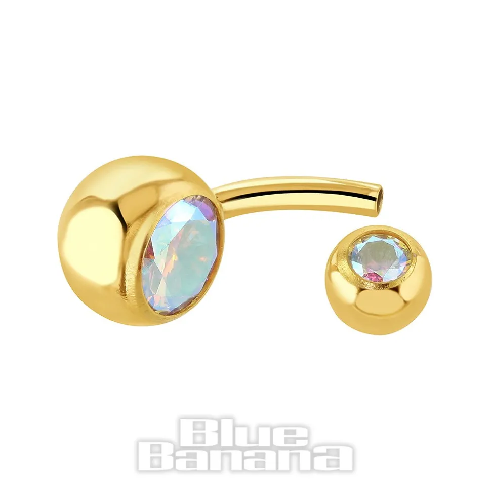 Blue Banana Plasma Gold 1.6mm Internally Threaded Double Jewelled Navel Bar (Aurora Borealis)