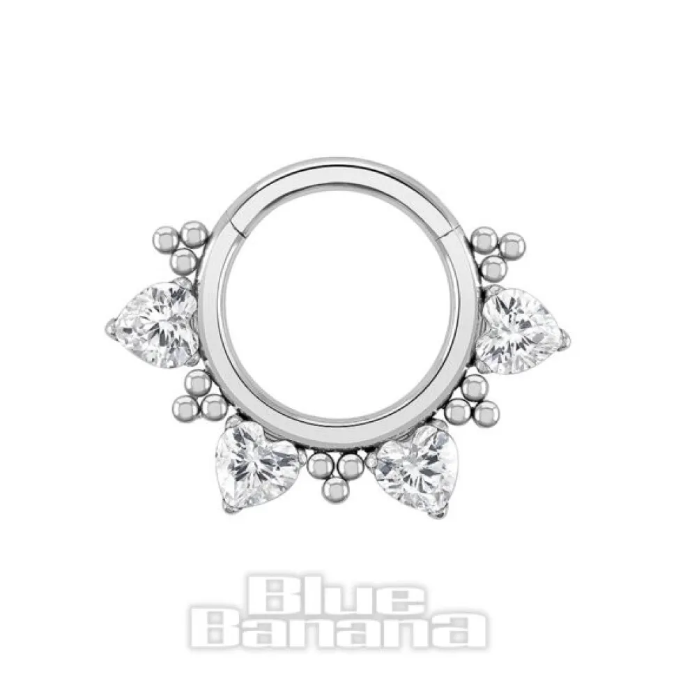 Blue Banana Polished Titanium 1.2 X 8mm Hinged Segment Ring Crystal Hearts (Silver)