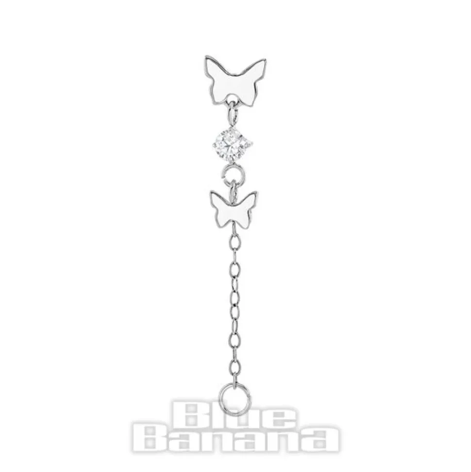 Blue Banana Polished Titanium 1.2 x 8mm Double Butterfly Chain Threadless Labret (Silver)