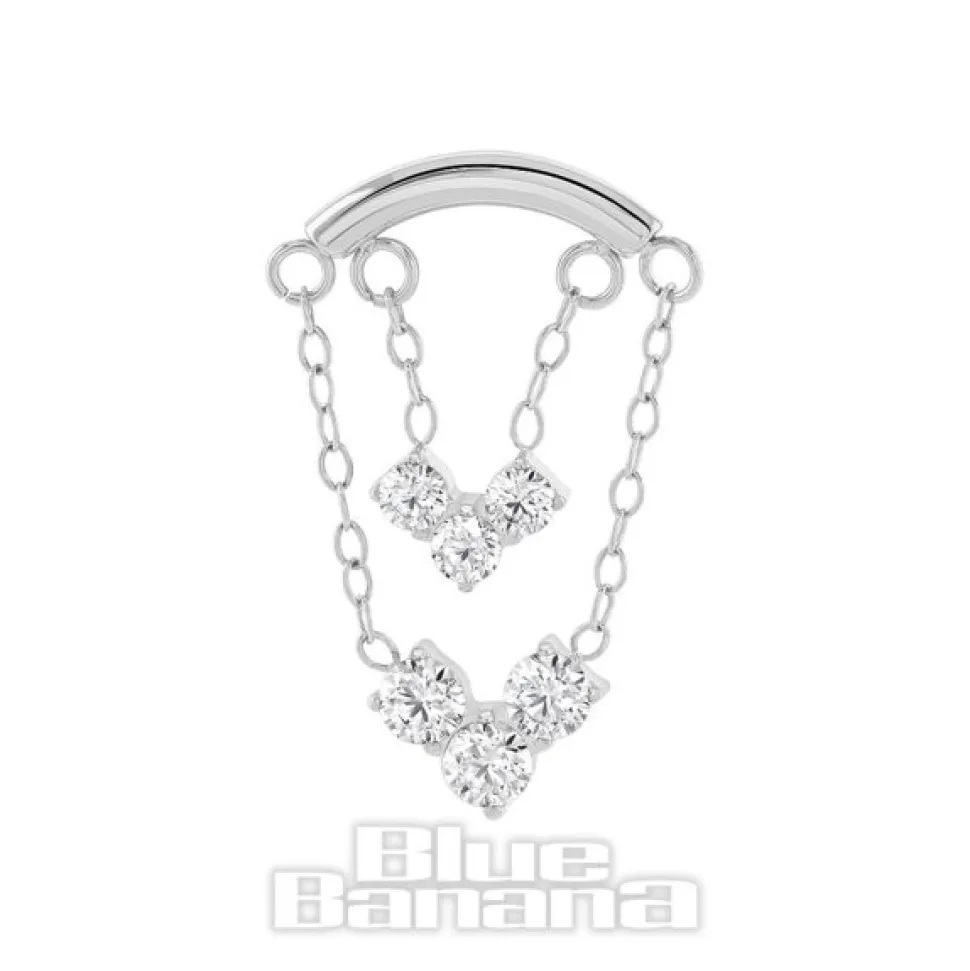 Blue Banana Polished Titanium 1.2 x 8mm Bar Double Chain & 3 Gem Threadless Labret (Silver)