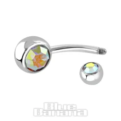 Blue Banana Polished Titanium 1.6mm Double Jewelled Navel Bar (Yellow Aurora Borealis)