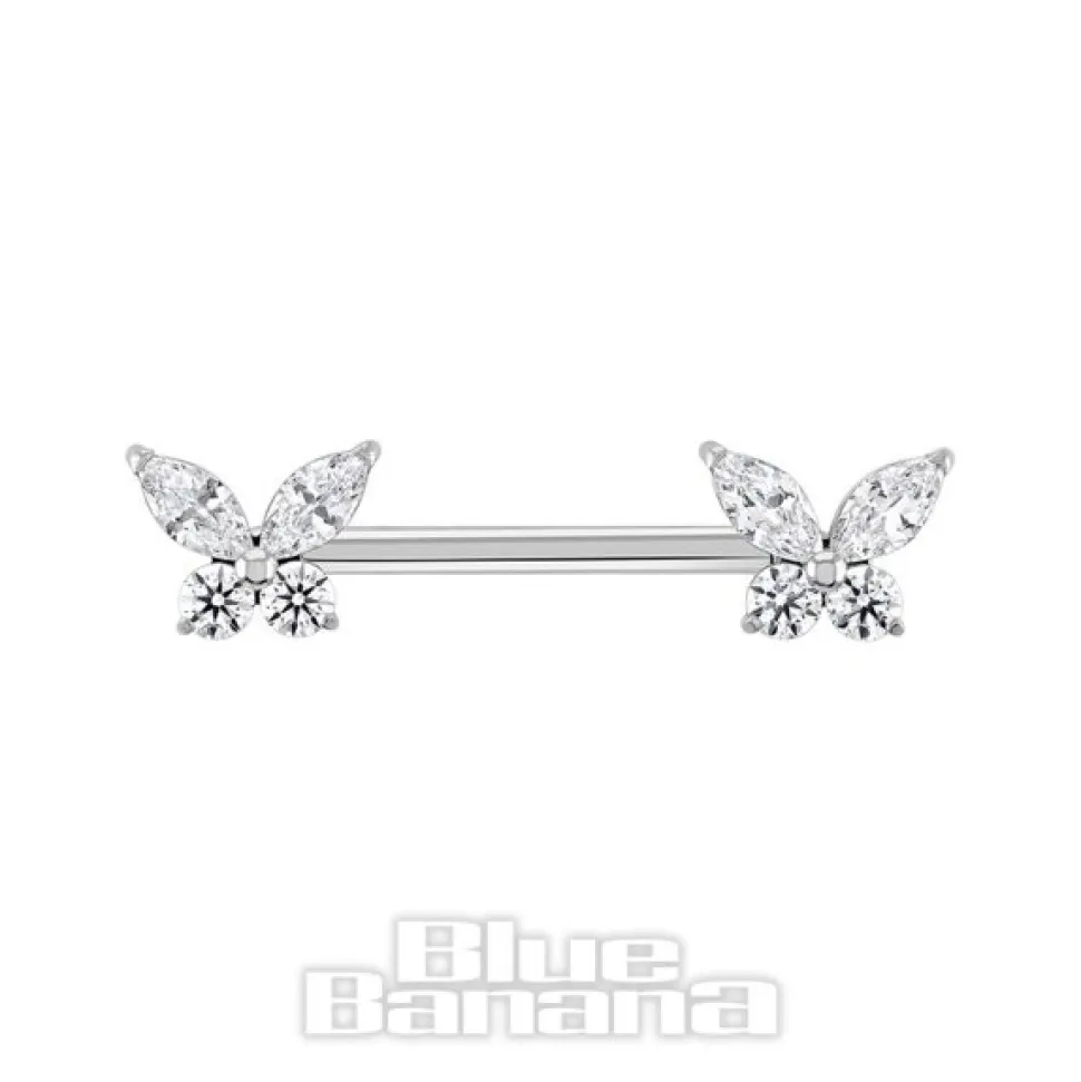 Blue Banana Polished Titanium Butterfly Threadless Nipple Bar (Cubic Zirconia)