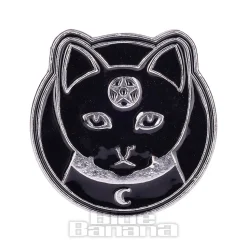 Blue Banana Round Cat Face Pin Badge (Black)