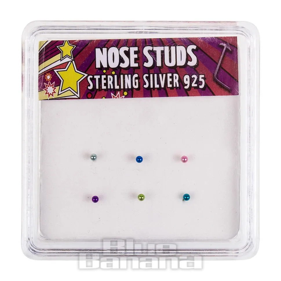 Blue Banana Silver 1.8mm Multicoloured Ball Nose Studs (Pack of 6)