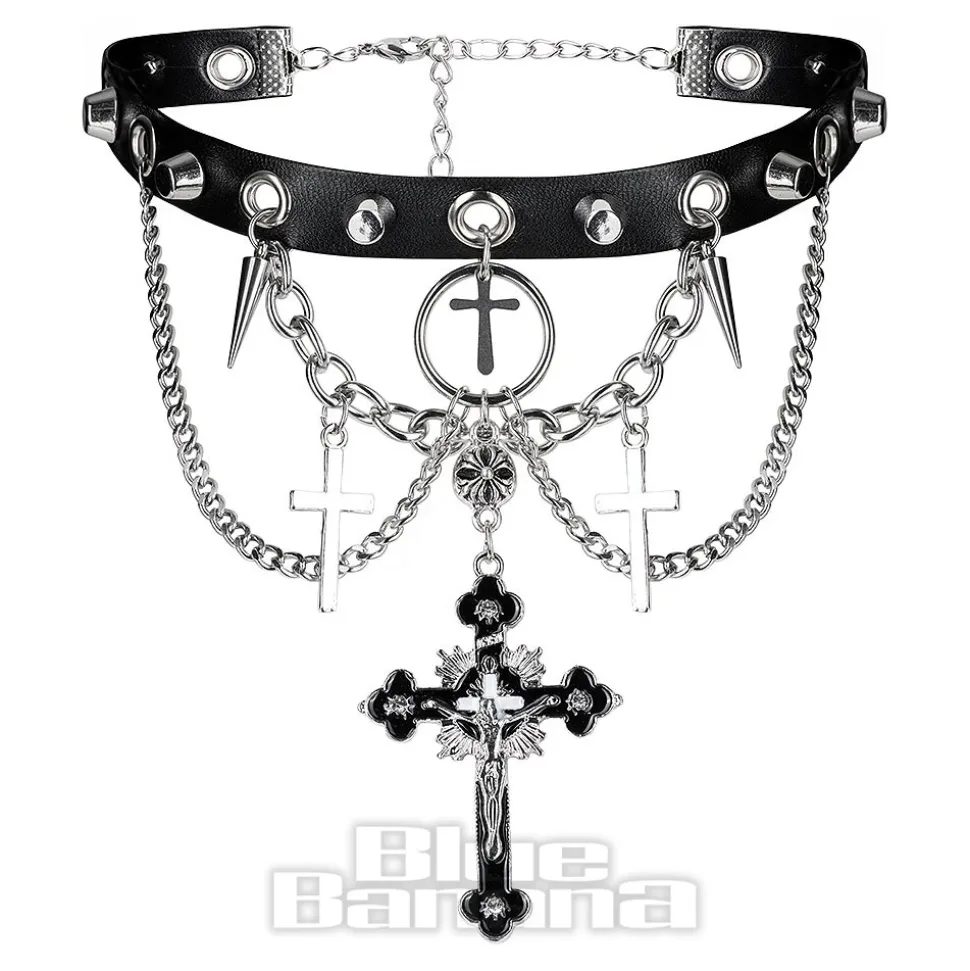 Blue Banana Skull & Crosses Choker (Black/Silver)