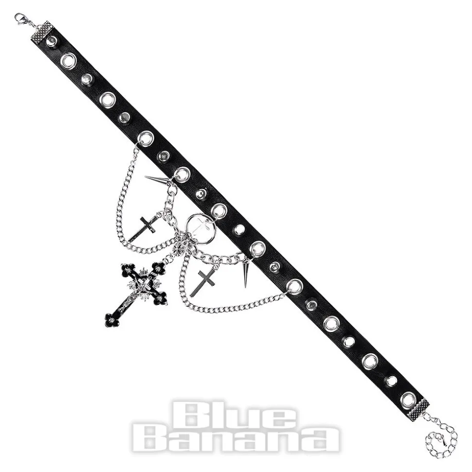 Blue Banana Skull & Crosses Choker (Black/Silver)