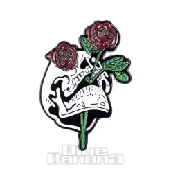 Blue Banana Skull & Roses Pin Badge (White)