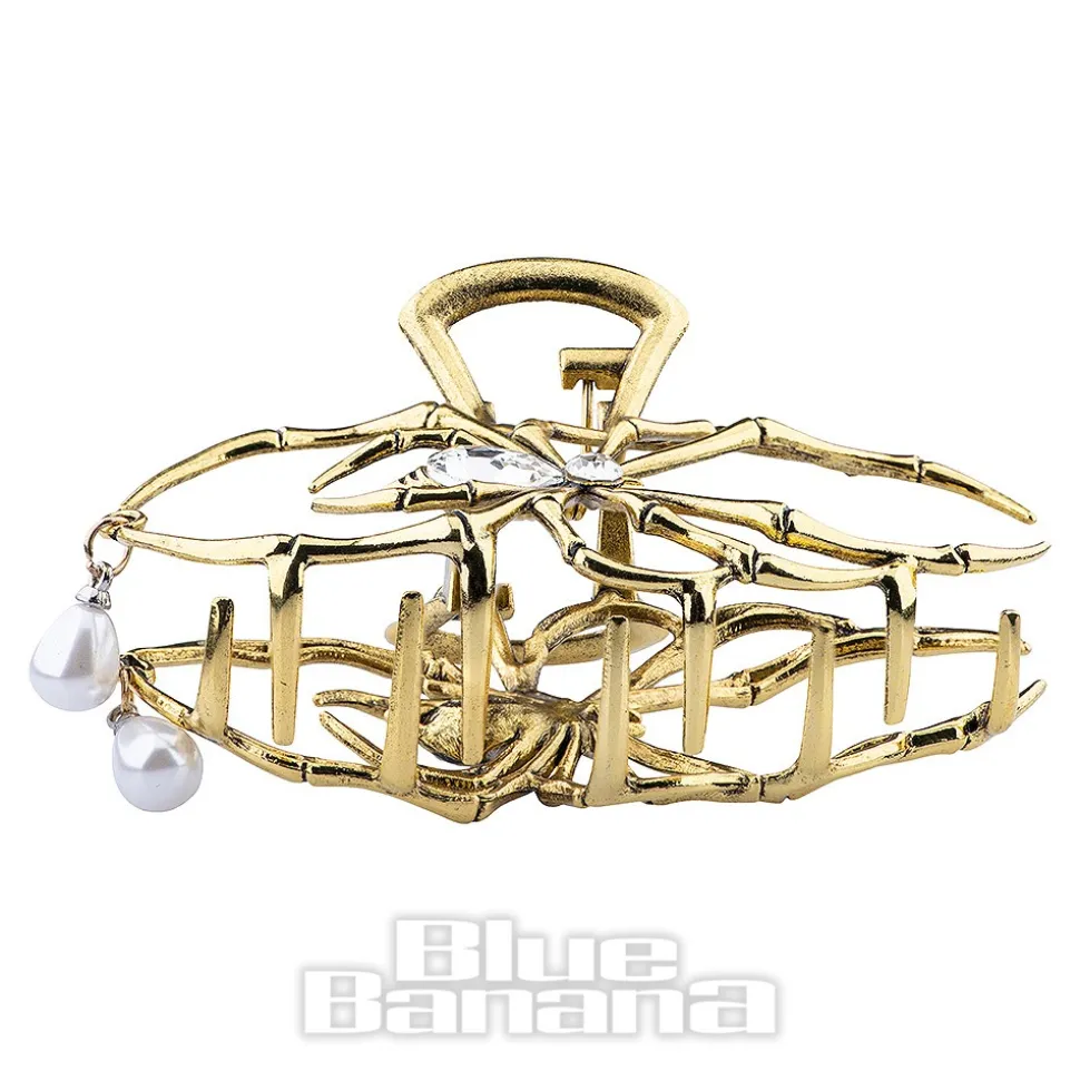 Blue Banana Spider & Pearl Hair Clip (Antique Gold)