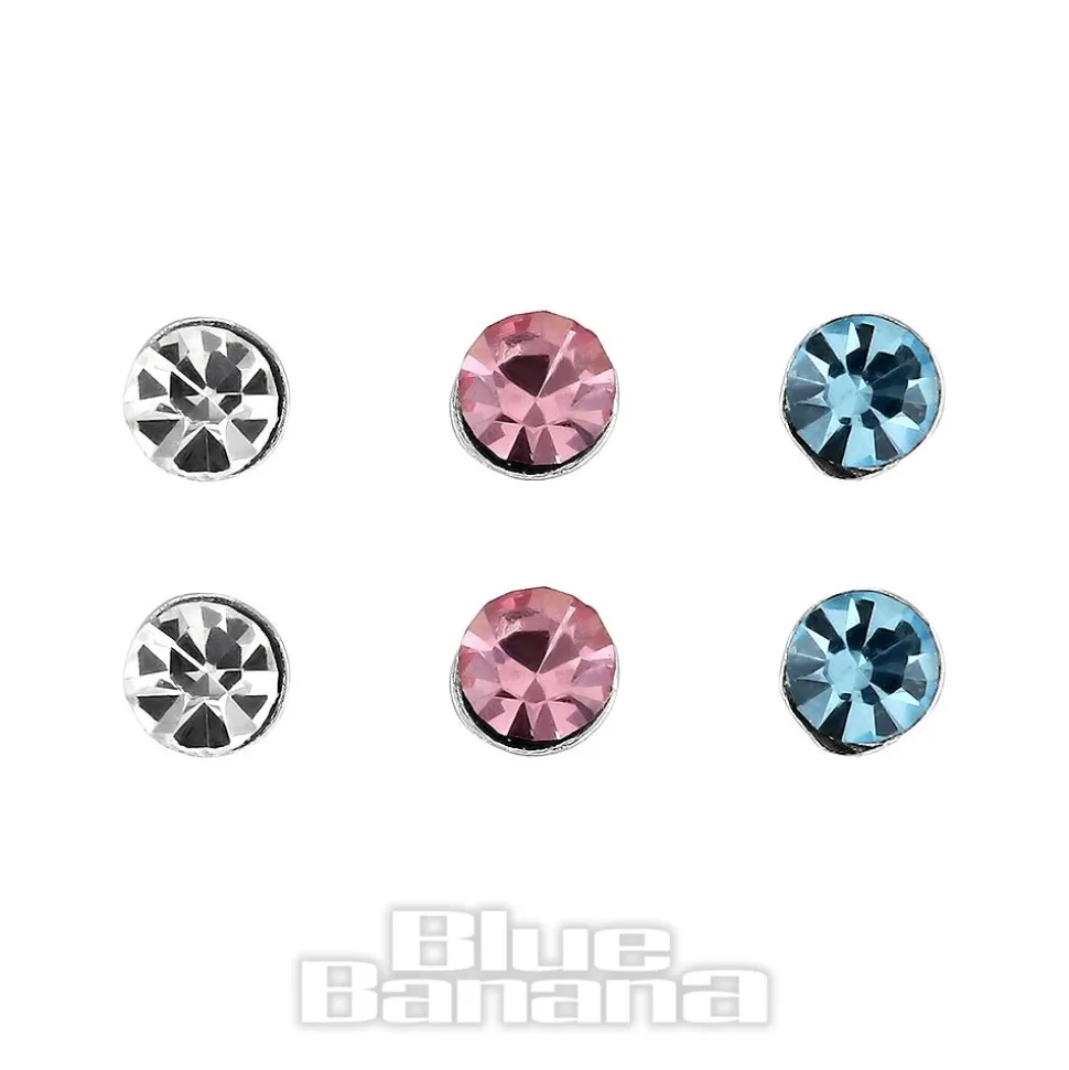 Blue Banana Sterling Silver 2.0mm Crystal/Pink/Aqua Nose Studs (6 Pack)