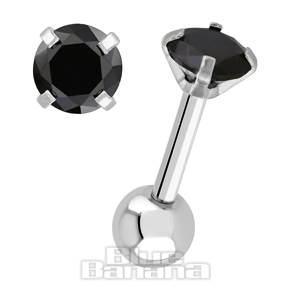 Blue Banana Surgical Steel Gem Jewel 1.2 x 6mm Tragus Bar (Black)