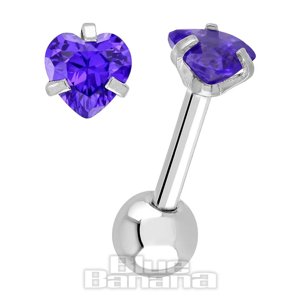Blue Banana Surgical Steel Heart Jewel 1.2 x 6mm Tragus Bar (Amethyst)