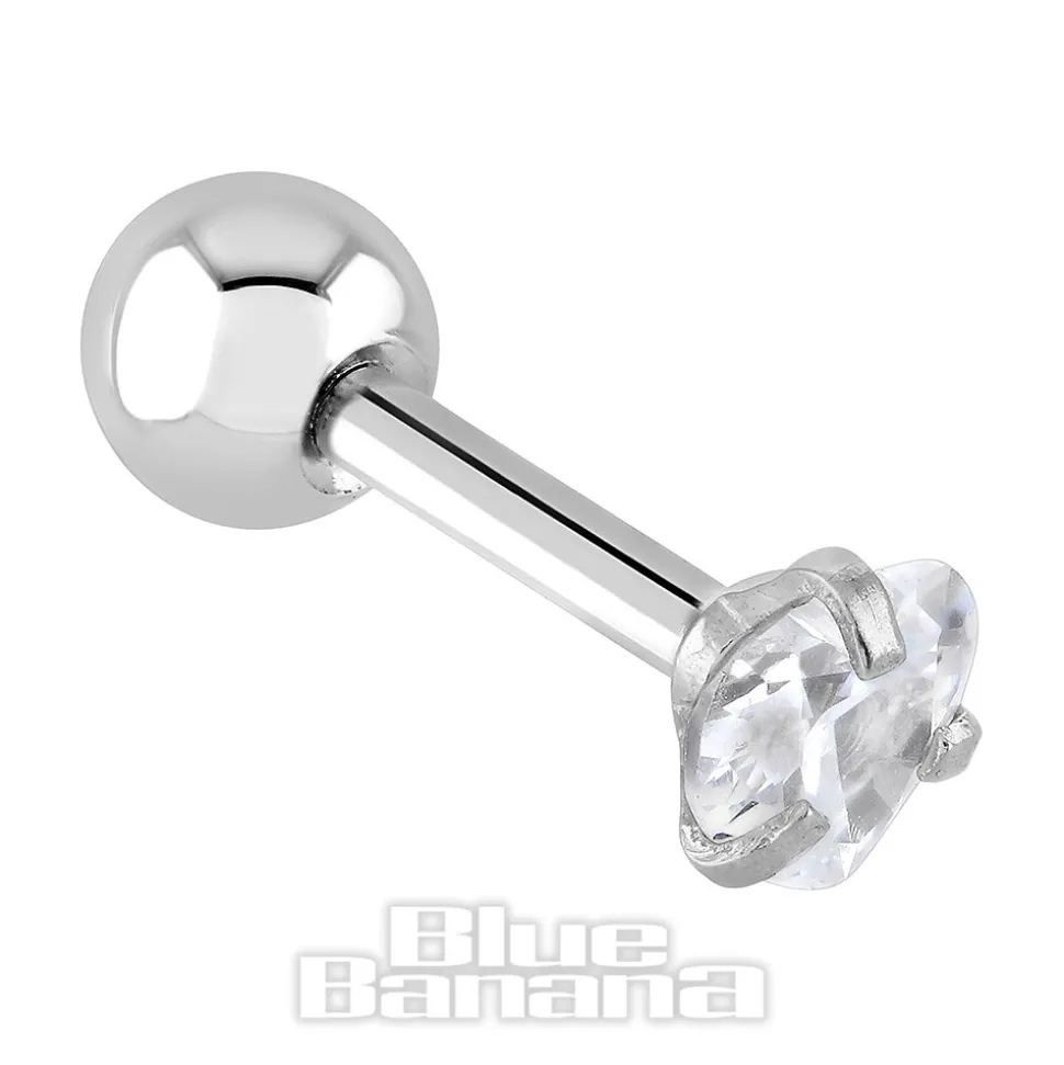 Blue Banana Surgical Steel Heart Jewel 1.2 x 6mm Tragus Bar (Crystal)