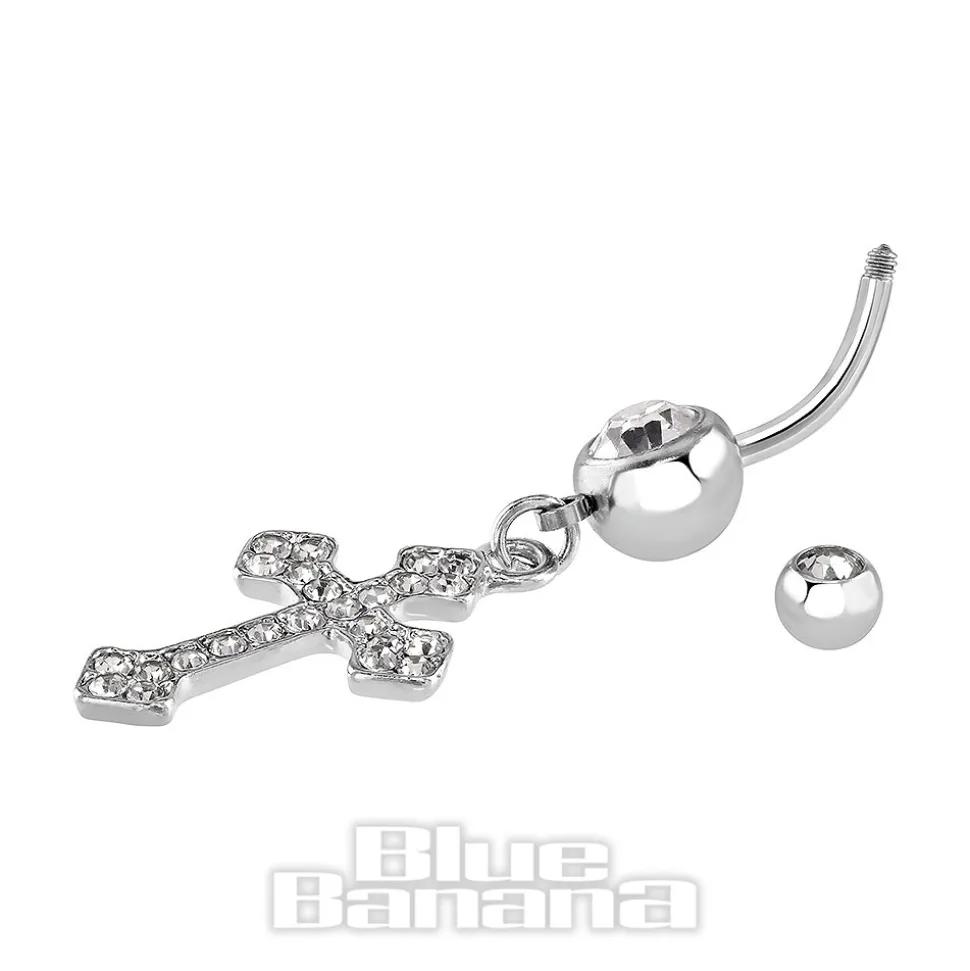 Blue Banana Surgical Steel 1.6mm Cross Navel Bar (Crystal)