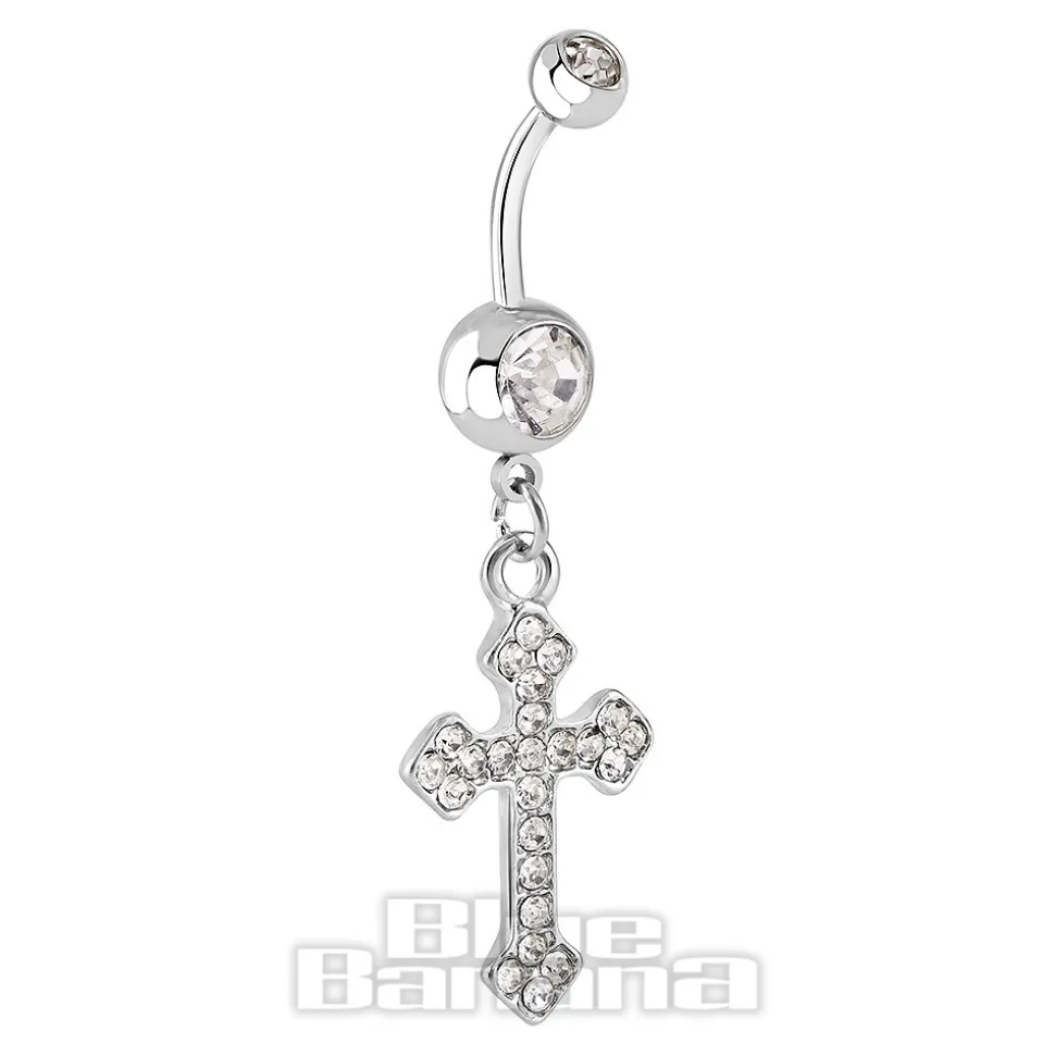 Blue Banana Surgical Steel 1.6mm Cross Navel Bar (Crystal)