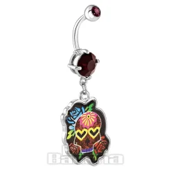 Blue Banana Surgical Steel 1.6mm Sugar Skull Heart Eyes Navel Bar (Garnet)