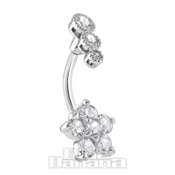 Blue Banana Surgical Steel 1.6 x 10mm 3 Stones Flower Navel Bar (Silver)
