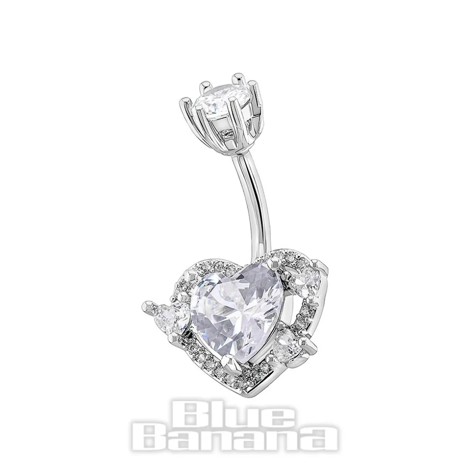 Blue Banana Surgical Steel 1.6x10mm Zirconia Heart Navel Bar (Crystal)