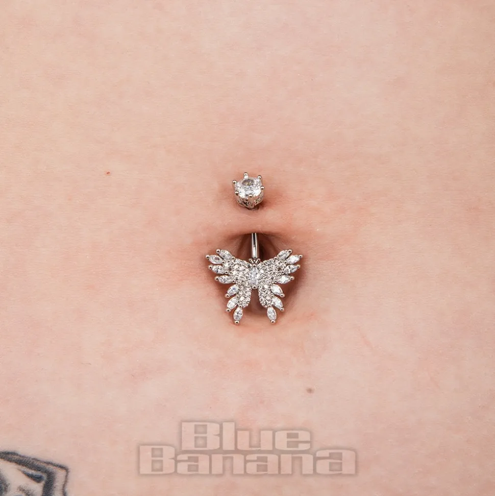 Blue Banana Surgical Steel 1.6x10mm Zirconia Butterfly Navel Bar (Crystal)