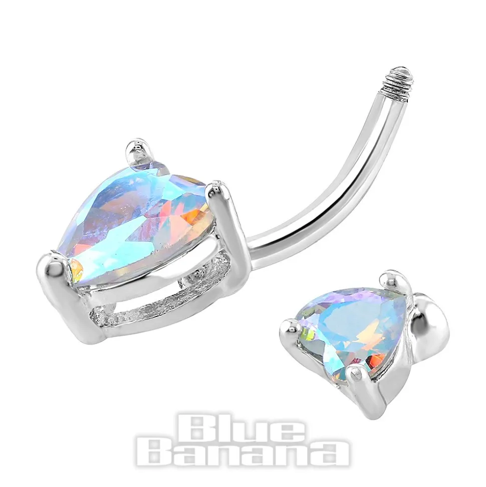 Blue Banana Surgical Steel 1.6 x 10mm 2 Hearts Navel Bar (Zircon)