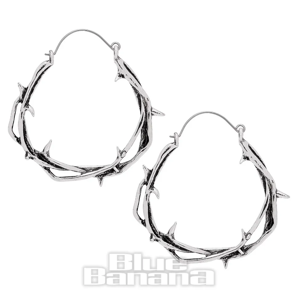 Blue Banana Tree Branch Thorns Plug Hoop Earrings (Silver)