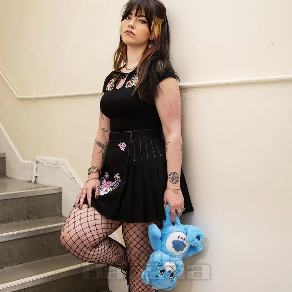Hell Bunny X Care Bear Cheer Bear Pleated Mini Skirt (Black)