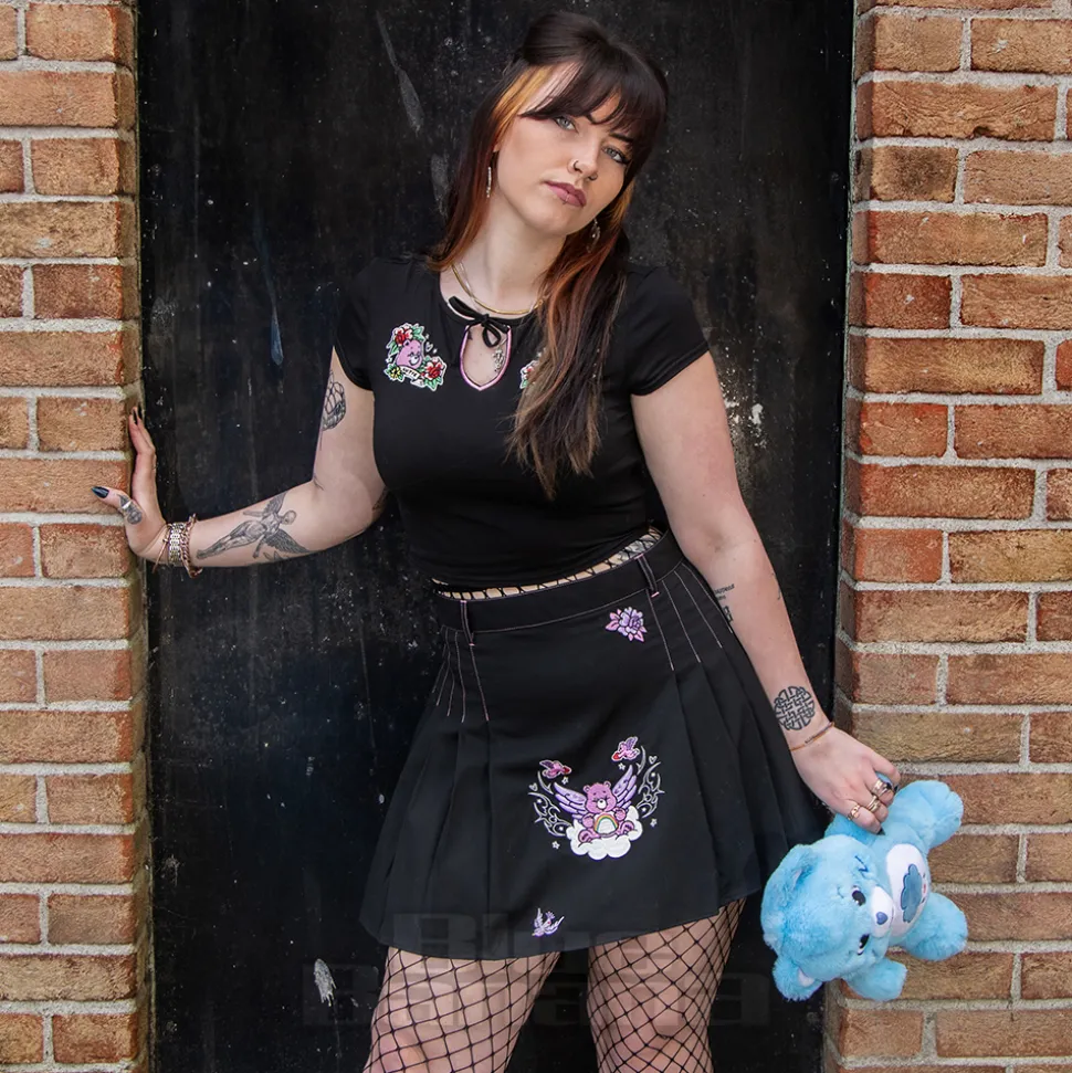Hell Bunny X Care Bear Cheer Bear Pleated Mini Skirt (Black)