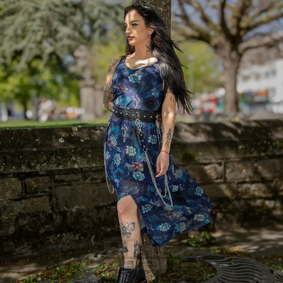 Jawbreaker Flower Koi Mesh Midi Dress (Navy)