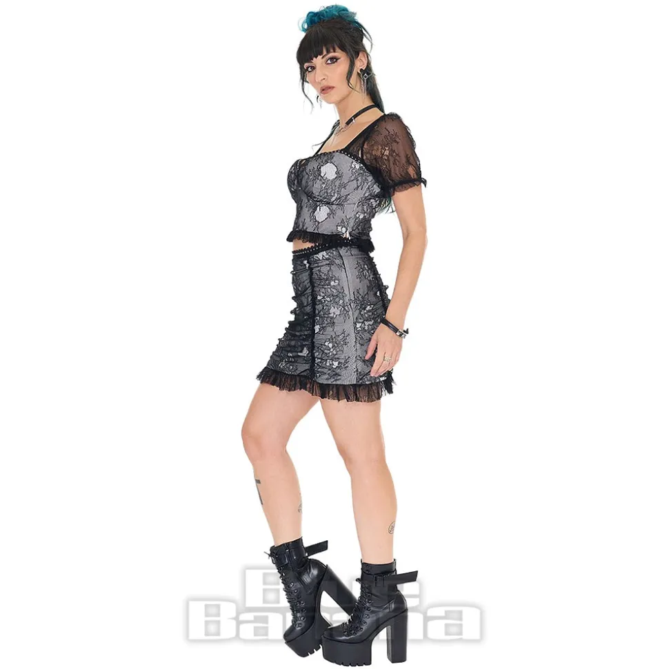 Jawbreaker Ruched Lace Mini Skirt (Black/White)