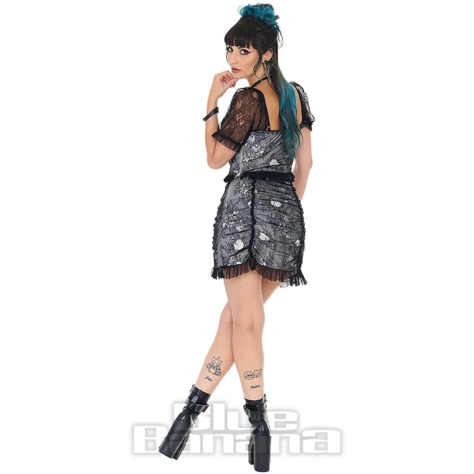 Jawbreaker Ruched Lace Mini Skirt (Black/White)