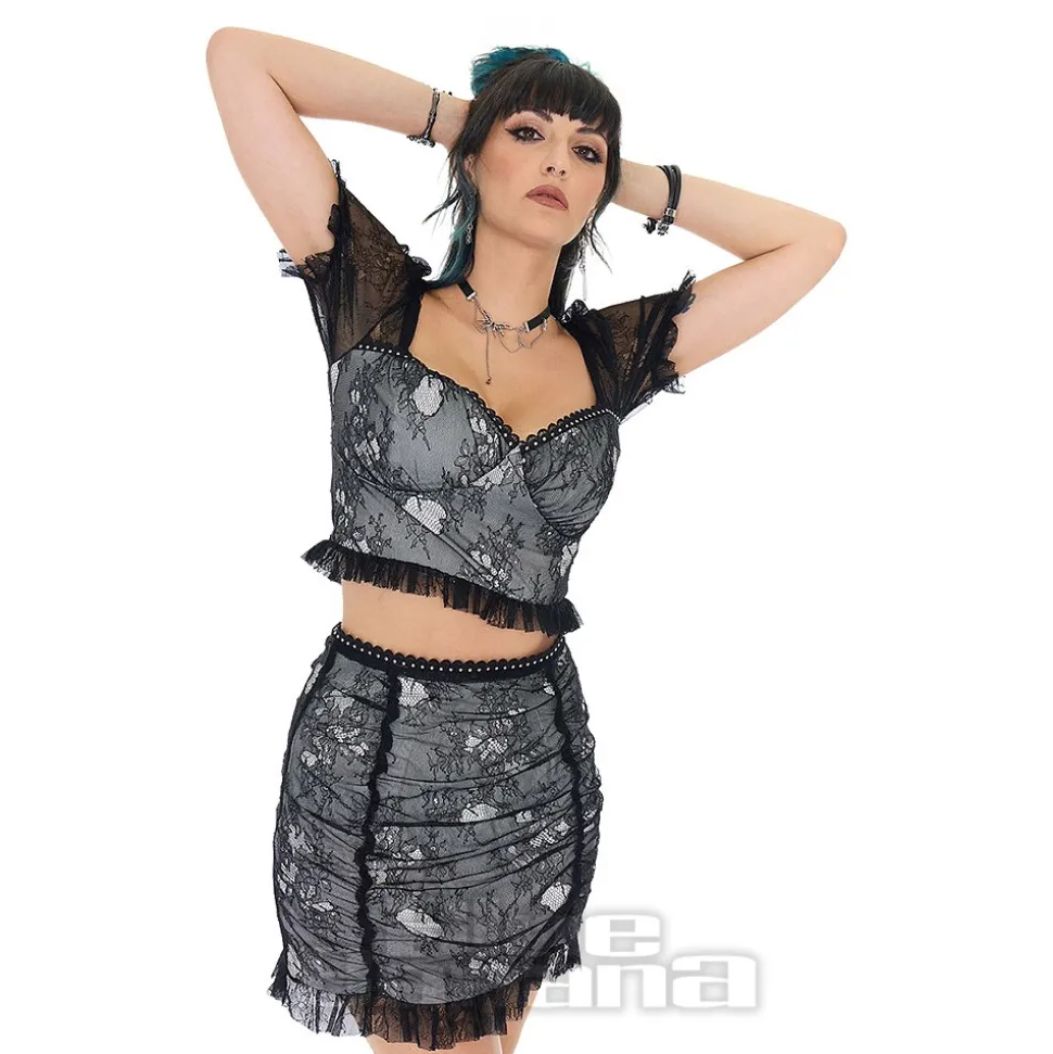 Jawbreaker Ruched Lace Mini Skirt (Black/White)