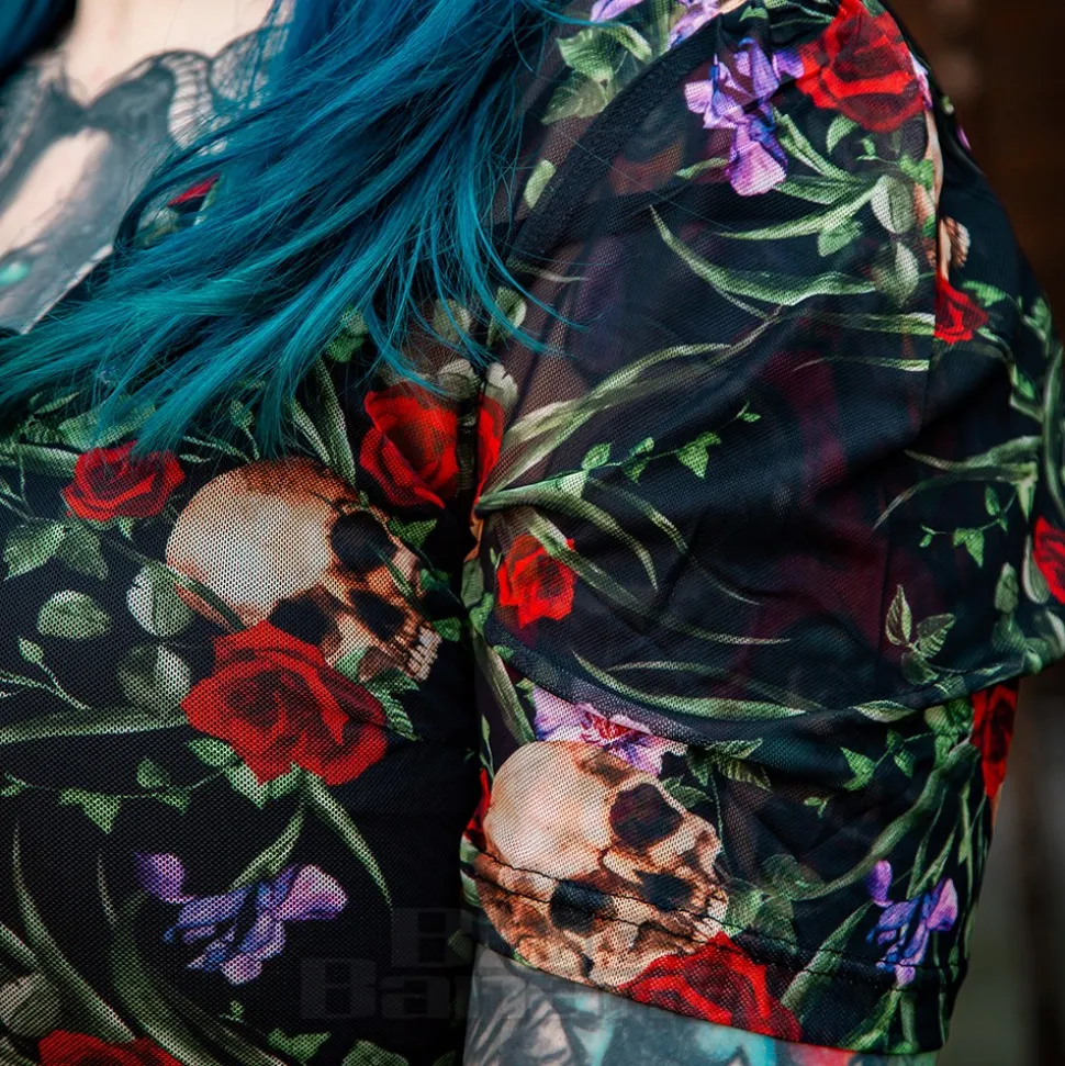 Jawbreaker Skull & Roses Mesh Midi Dress (Multicolour)
